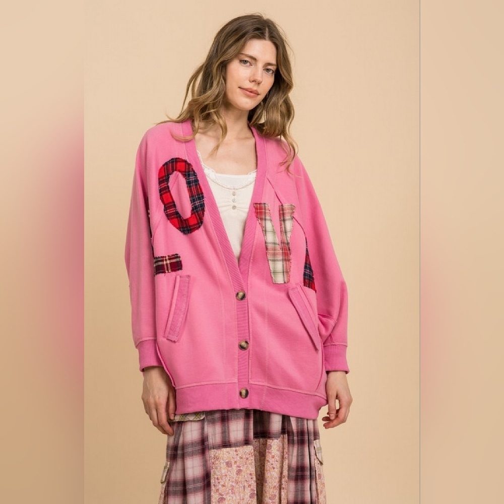 3-1210 *boutique* Oversized LOVE Plaid Pink Fleece Lined Button Cardigan - Picture 2 of 10